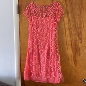 Ladies summer coral color sheer mesh layered dress